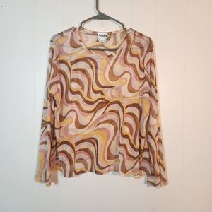 Arula Long Sleeve Mesh Disco Swirl Top Brown Yellow Pink Made in USA
